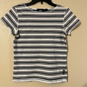 Crazy Horse Women’s M Vintage Black, Gray, & White Stripes Short Sleeve Top